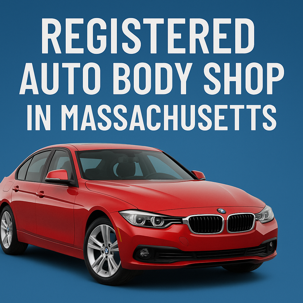 “Registered auto body shop in Massachusetts – red BMW sedan on blue background representing professional collision repair and certified service.