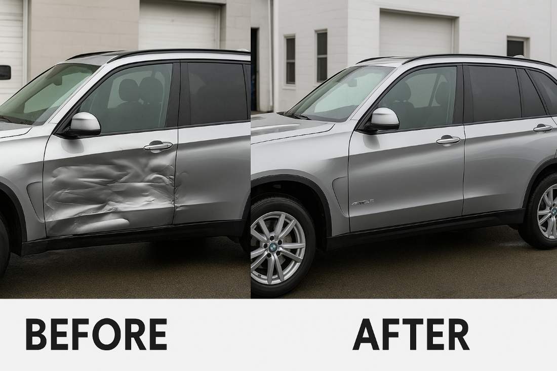 Side-by-side before and after comparison of a silver BMW X5 repaired after a side collision, showing damaged doors restored to a smooth, factory-quality finish at UK Body Work in Hyannis, Massachusetts.