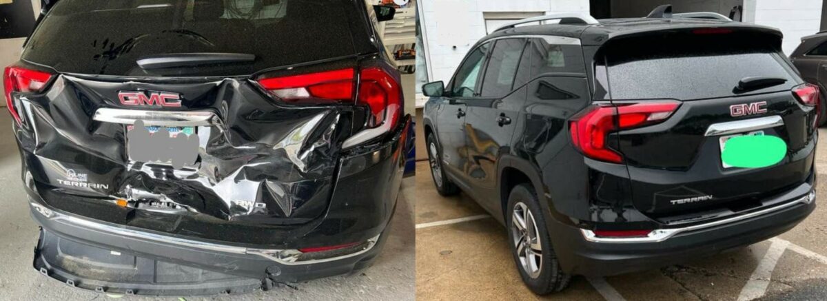 Side-by-side before and after comparison of a GMC Terrain rear-end repair showing severe tailgate damage professionally restored to a smooth, factory-quality finish at UK Body Work.
