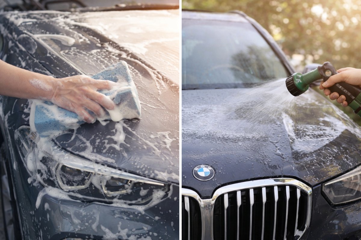Hand washing a vehicle with gentle soap and soft sponge during new paint curing period