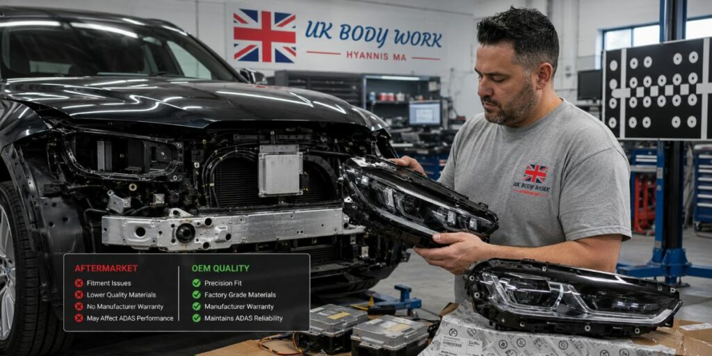 Collision repair technician inspecting an aftermarket headlight assembly with ADAS calibration equipment inside a Hyannis MA auto body shop