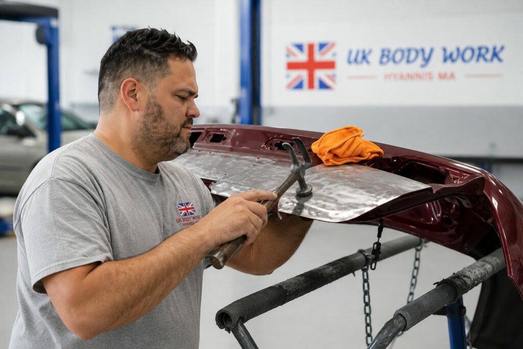 Marcos Camargo performing precision metal repair work inside UK Body Work collision repair facility in Hyannis Massachusetts