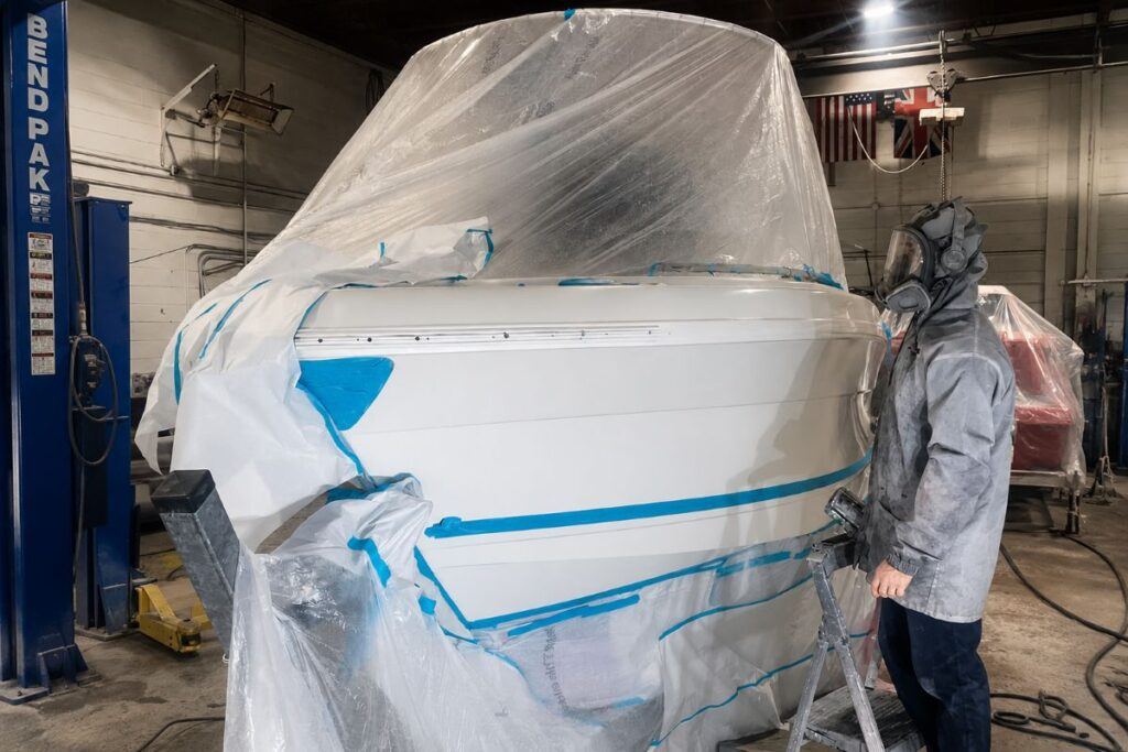 A specialty boat repair project at UK Body Work in Hyannis, Massachusetts, showing a boat professionally masked and prepared for refinishing inside the repair facility using AwlGrip.