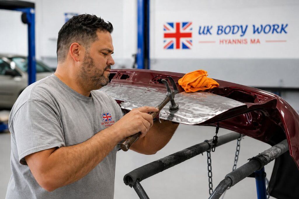 Marcos Camargo performing a deck lid repair at UK Body Work in Hyannis, Massachusetts using traditional metal finishing techniques.