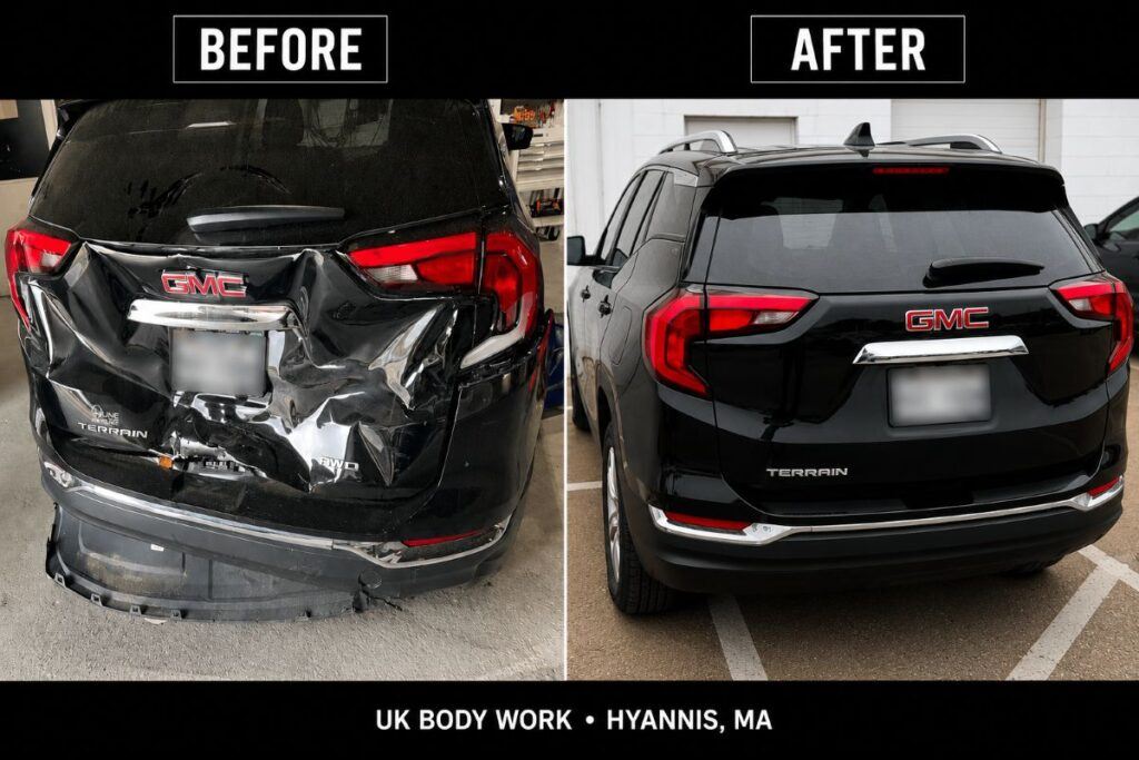 Before and after comparison of a GMC Terrain repaired at UK Body Work in Hyannis, Massachusetts, showing the vehicle before rear-end collision repairs and after professional restoration.