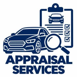 Auto appraisal services icon showing a car, inspection checklist, and magnifying glass