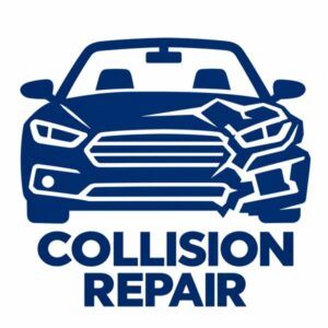 Collision repair icon showing a blue car with front-end damage
