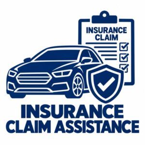 Insurance claim assistance icon showing a car, claim form, and insurance shield