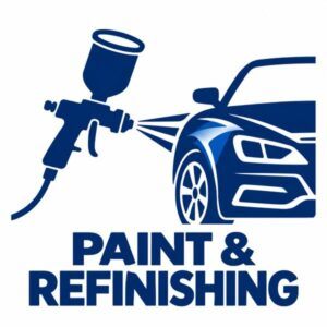 Paint and refinishing icon showing a spray gun refinishing a car